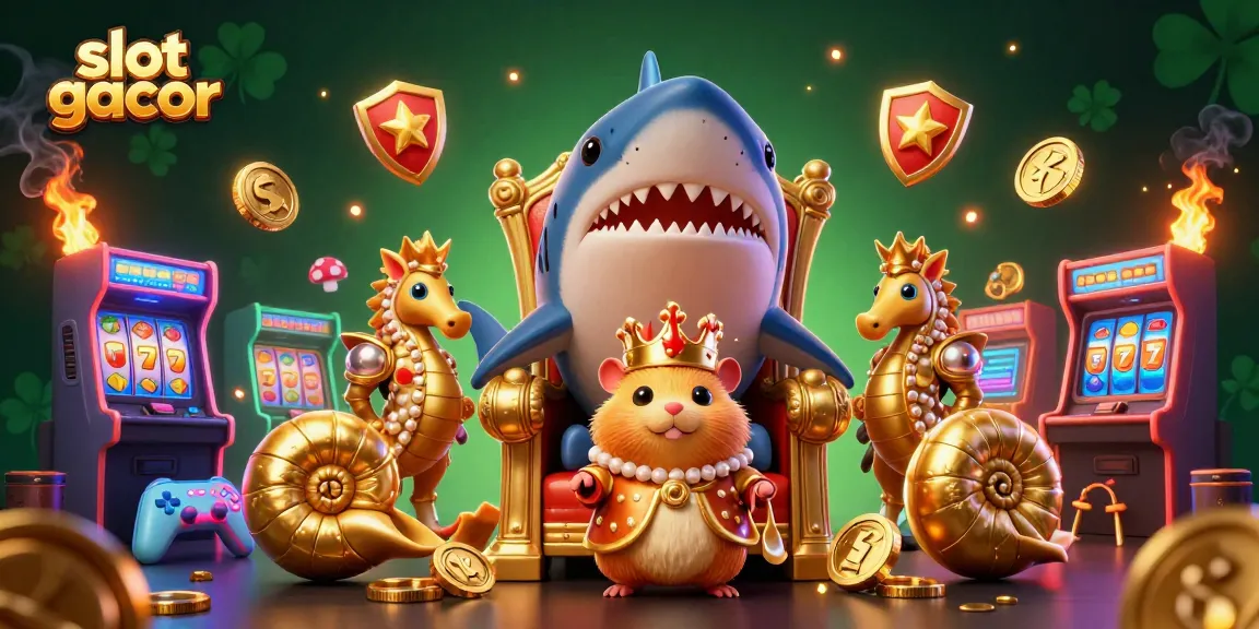 Slot gacor hadir di ilustrasi 3D menampilkan raja hamster emas dengan simbol slot dan mesin arcade.