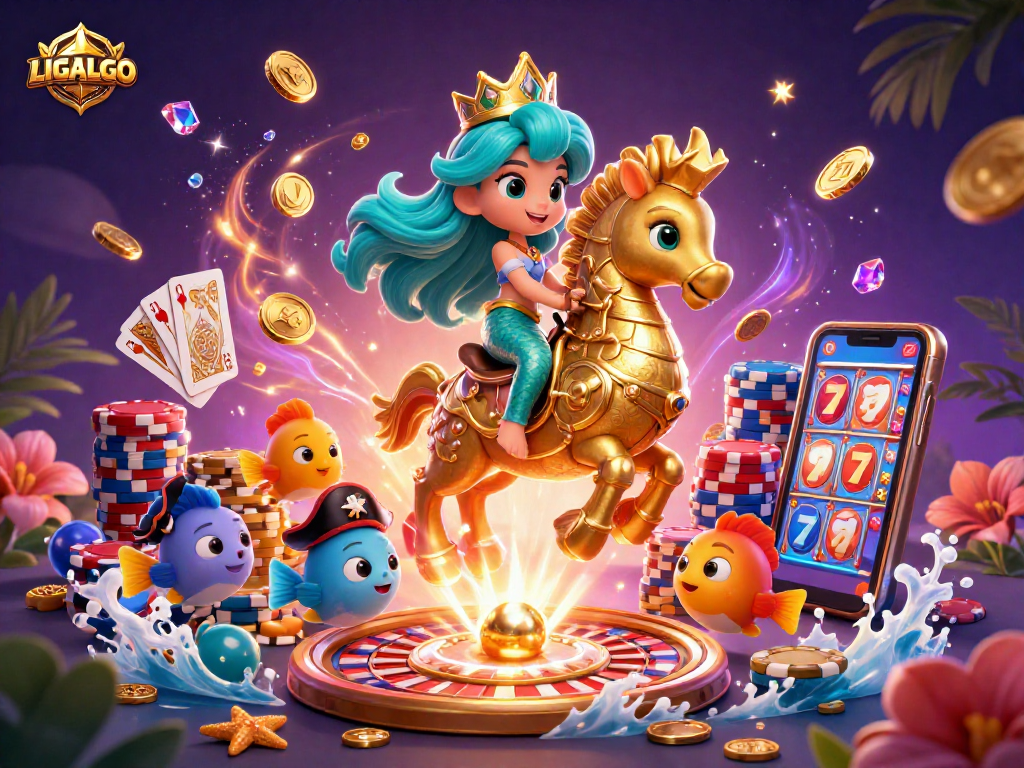 LIGALGO mermaid princess and giant seahorse amidst cascading coins and casino elements in vibrant underwater scene