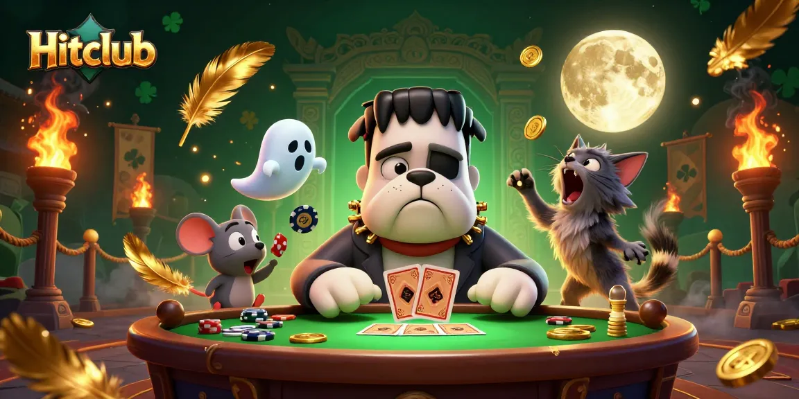 Hitclub features thrilling card games with a cartoon Frankenstein bulldog at a spooky table.