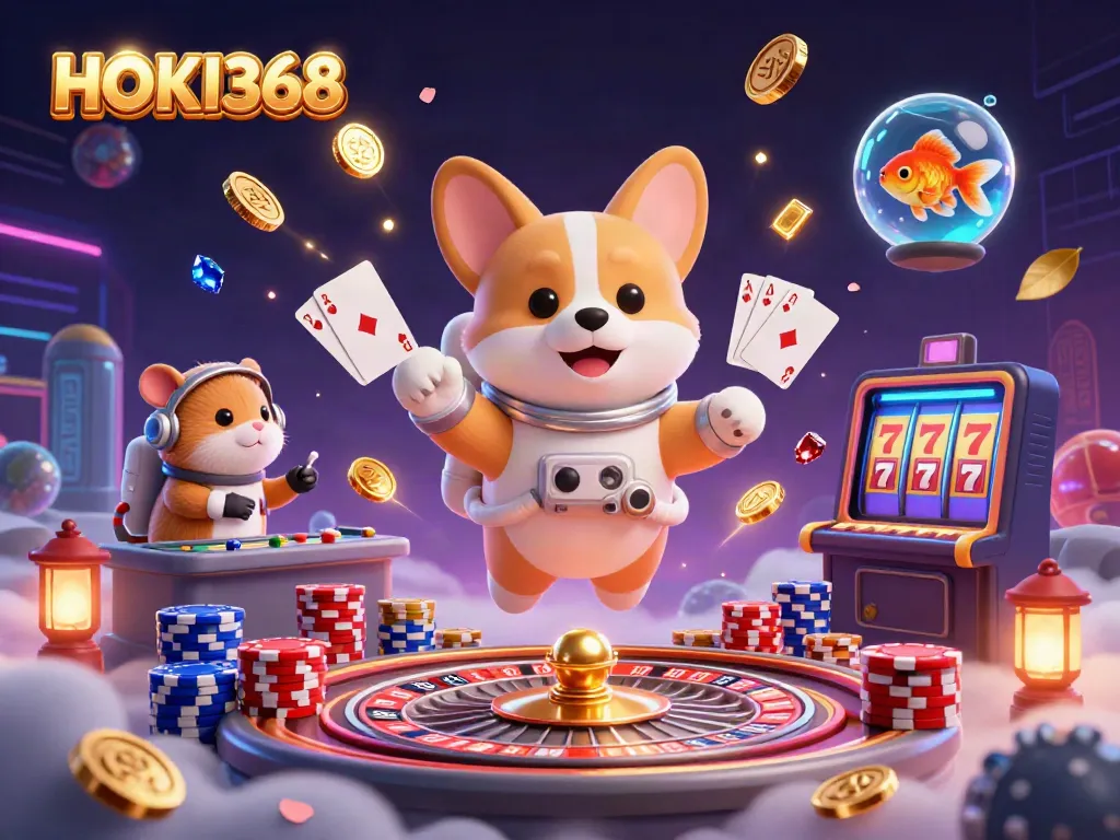 Experience the excitement of HOKI368 as a floating 3D cartoon astronaut corgi navigates a space casino filled with golden coins and poker chips.