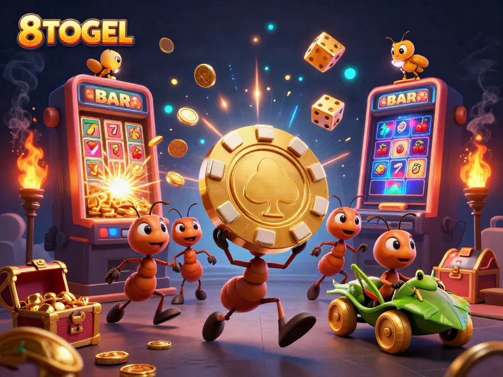 8TOGEL's exciting heist scene with cartoon ants carrying a massive poker chip among casino elements.