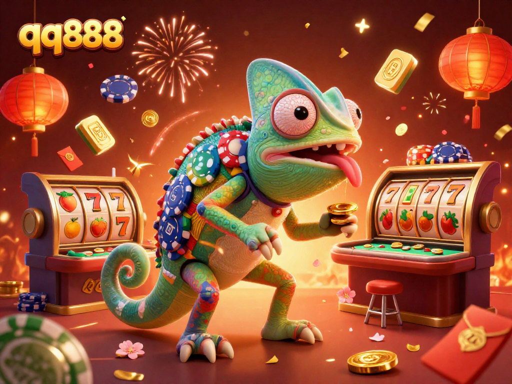Engage in thrilling gaming experiences with qq888's vibrant casino atmosphere featuring a colorful chameleon.