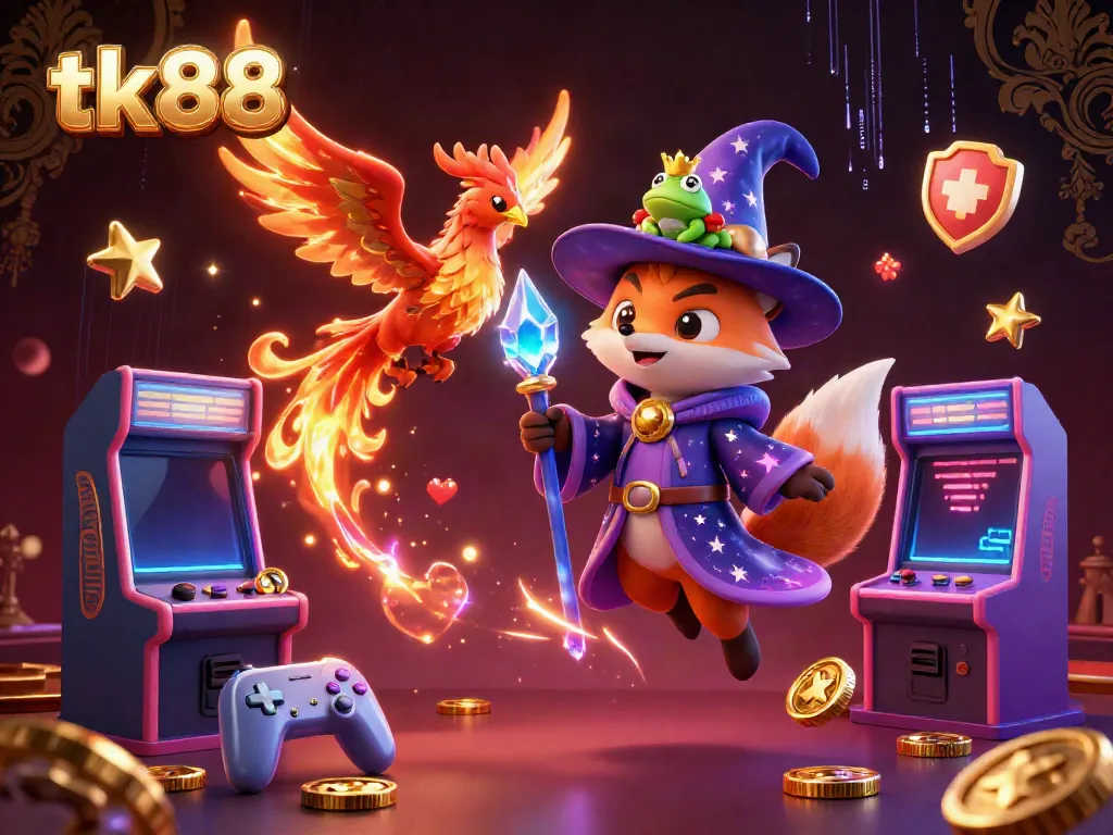 Experience exciting gaming at tk88 with a mystical wizard fox, phoenix, and 3D gaming elements.