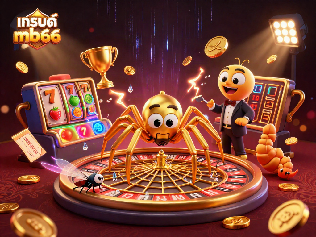 Experience thrilling bets with แบรนด์ mb66 in this dynamic 3D casino illustration, featuring a golden roulette web and engaging characters.