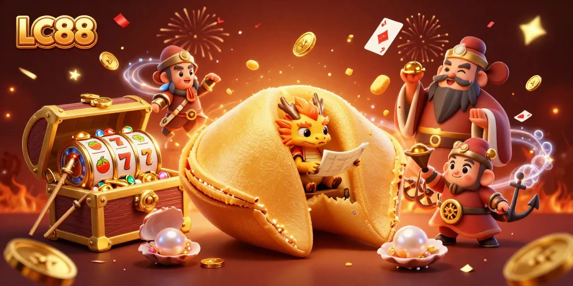 LC88 offers a winning experience with a vibrant scene of fortune cookies and gambling elements.