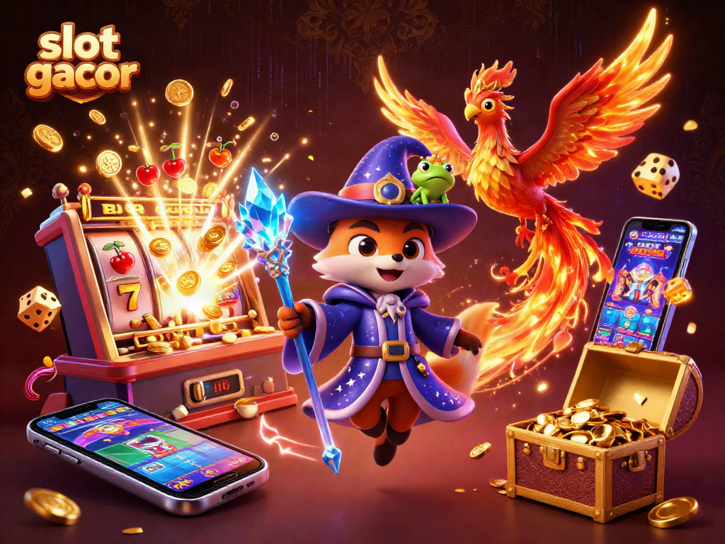 Engaging illustration showcasing slot gacor with a wizard fox and a phoenix, capturing the excitement of jackpots.