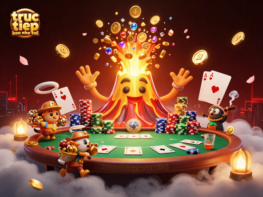Engage in truc tiep keo nha cai action with a 3D illustration showcasing a triumphant volcano and treasure hunters.