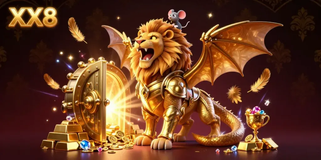 Experience the thrill of XX8 with a golden armored chimera and treasures, creating vibrant casino excitement.