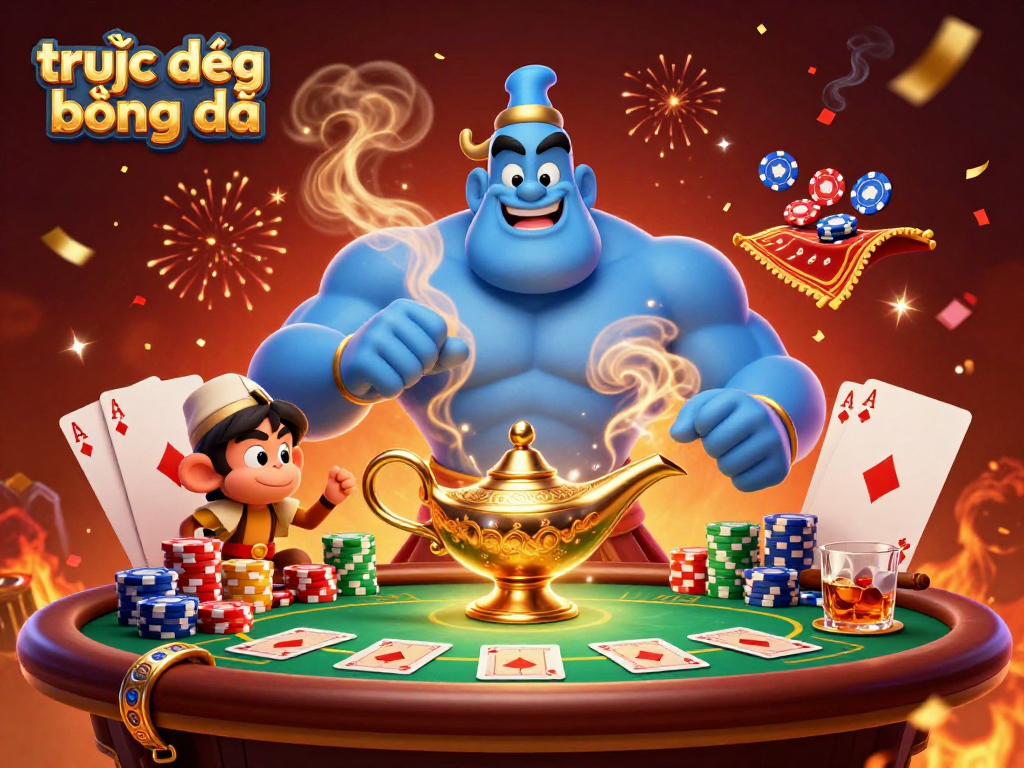 Experience trực tiếp bóng đá with thrilling visuals of a genie, monkey, and poker elements in a dynamic casino scene.