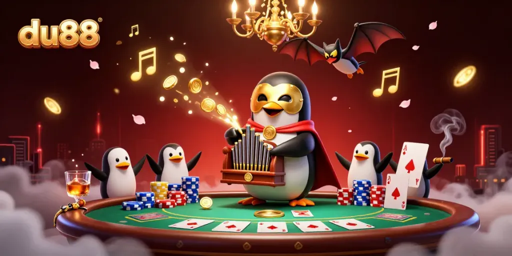 Experience du88 gaming excitement with a whimsical 3D penguin organist amid vibrant casino elements.
