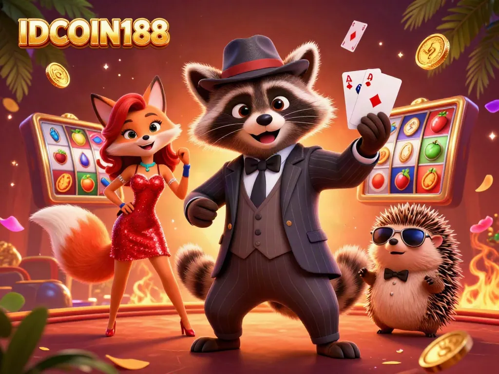 IDCOIN188 features a suave raccoon and a fox lady in a vibrant casino scene, celebrating gaming with lively symbols.