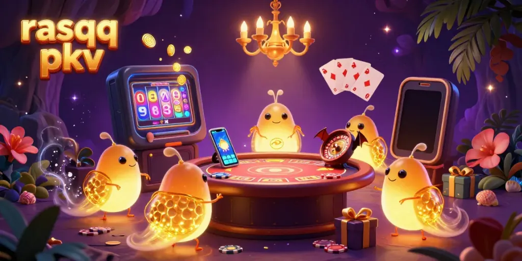 Experience the thrill of rasqq pkv with a vibrant casino scene featuring glowworms and a bat dealer.