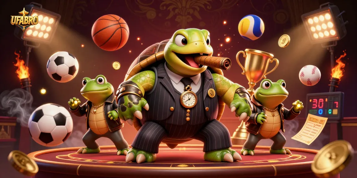 UFABRO sports betting scene featuring a snapping turtle and bullfrogs amidst casino elements