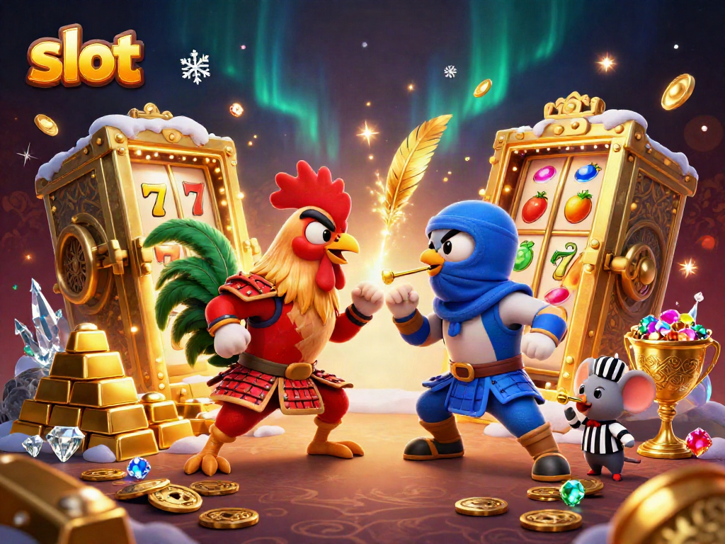 Spin the slot reels with samurai and ninja roosters amidst a treasure explosion.