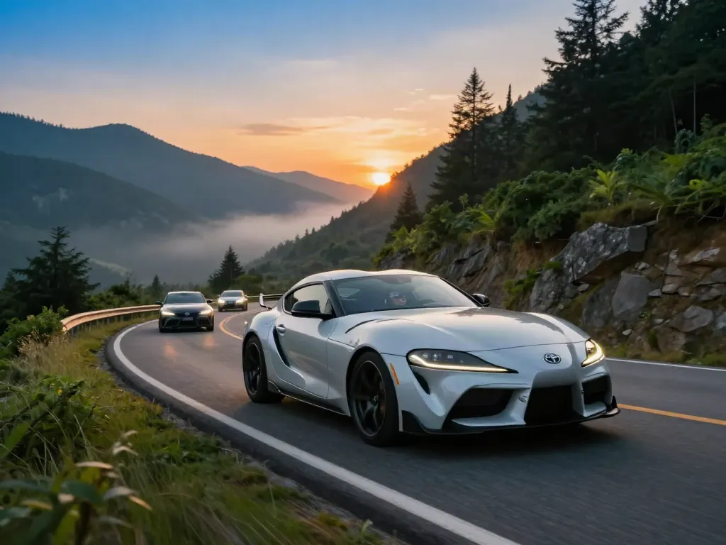 Performance-driven Toyota Supra A80 navigating a scenic mountain road, embodying the thrill of the A80 platform.