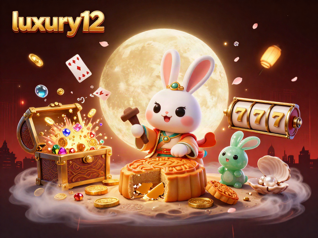 Experience luxury12 casino thrills with a vibrant 3D scene featuring a moon rabbit and poker chips.