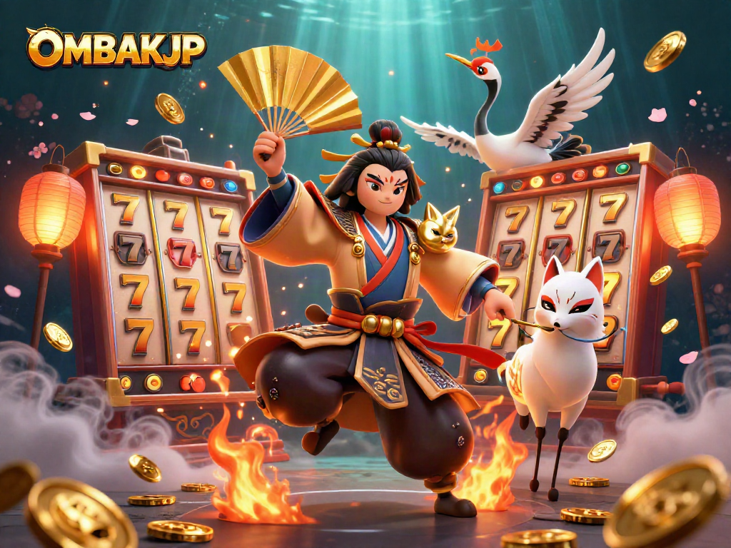 Experience OMBAKJP with engaging slot reels, a kabuki warrior, and vibrant game elements.