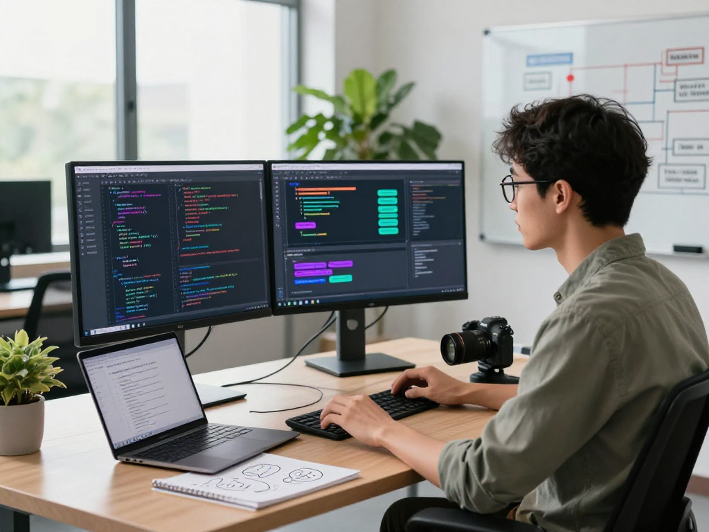 Software developer coding innovative spicy AI chat application in modern workspace.