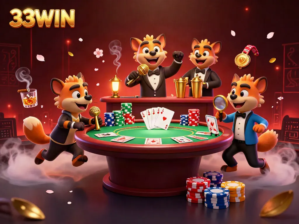 Enjoy the comedy at 33WIN's lively casino scene featuring hyenas with poker tables and vibrant elements.