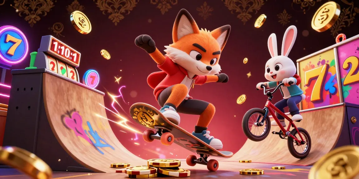 PESGSLOT showcasing thrilling 3D cartoon scene with slot symbols and dynamic characters for an exciting gambling experience.