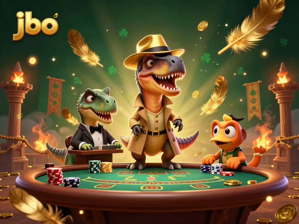 Engaging scene of a velociraptor card counter and a stegosaurus pit boss featuring jbo branding, at a dynamic blackjack table.