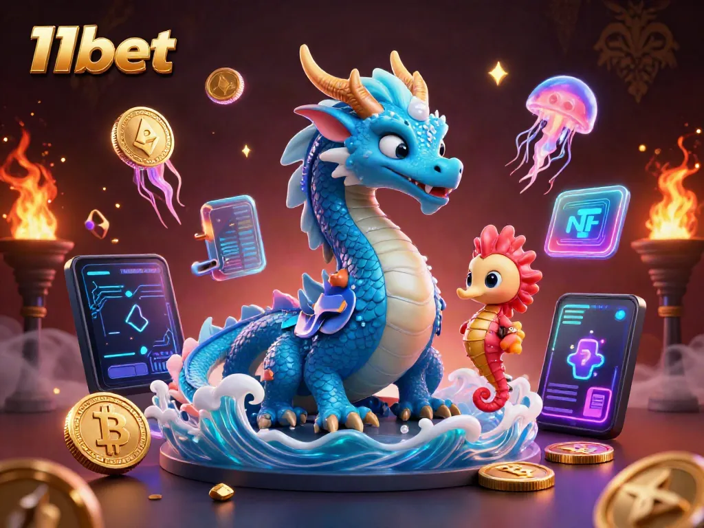 Engage in thrilling gaming action with 11bet, featuring a vibrant dragon and crypto elements.