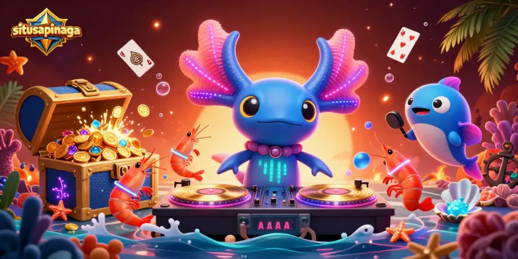Engaging gamers at situsapinaga with lively underwater casino themed illustration featuring vibrant axolotl DJ.