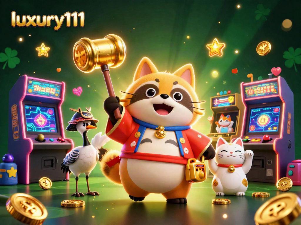 Engage with luxury111's vibrant casino scene featuring a lucky tanuki and animated fortune cats.