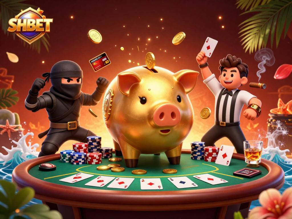 Engage with SHBET in this dynamic scene featuring a golden piggy bank sumo wrestler and a ninja in a thrilling poker setting.