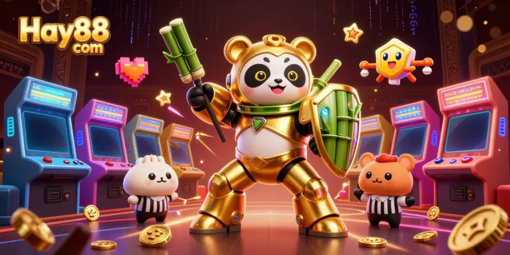 Hay88 com showcases a mech-suit panda engaging in immersive casino gaming with vibrant arcade elements.
