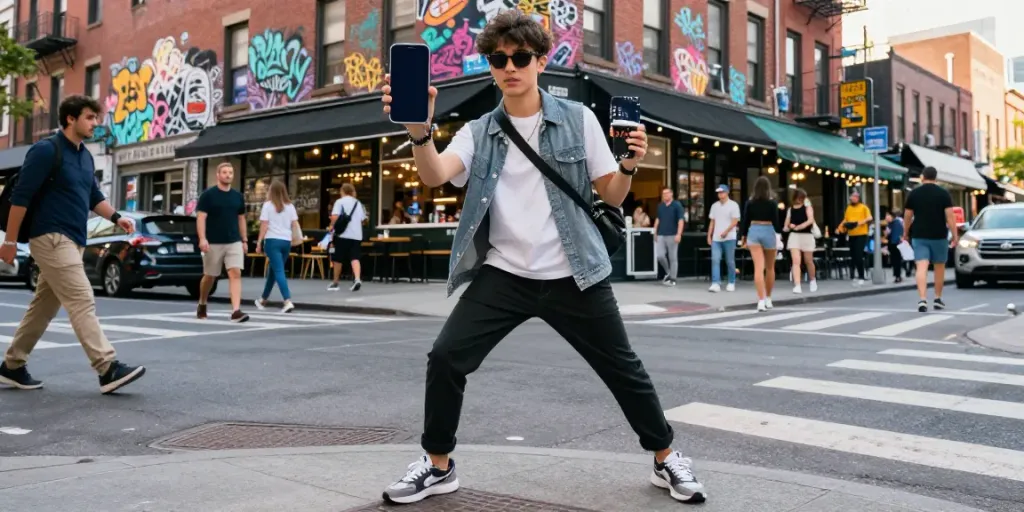 Urban lifestyle scene with peh888 enthusiast displaying style in a vibrant city.