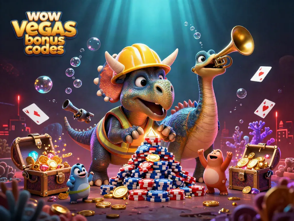 Experience the thrill of winning with WOW Vegas bonus codes amidst cheering dinosaurs and vibrant casino elements.