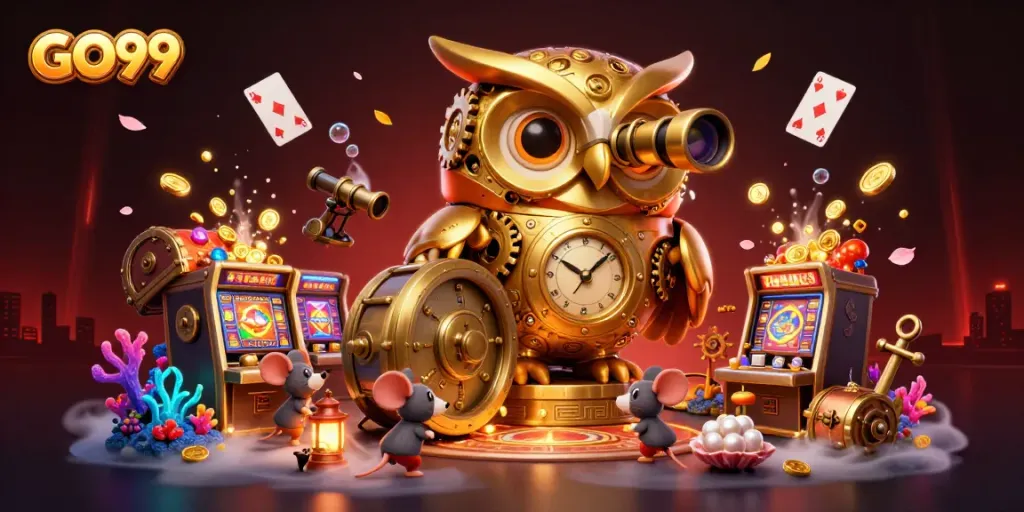 GO99's clockwork owl surveys a vibrant casino scene filled with dynamic gaming elements and lively characters.
