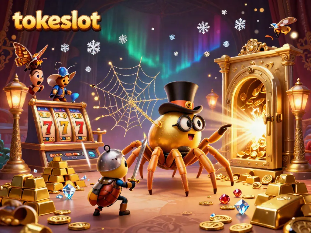 Experience the excitement of tokeslot with a vibrant 3D casino illustration featuring a giant golden tarantula and beetle knight.