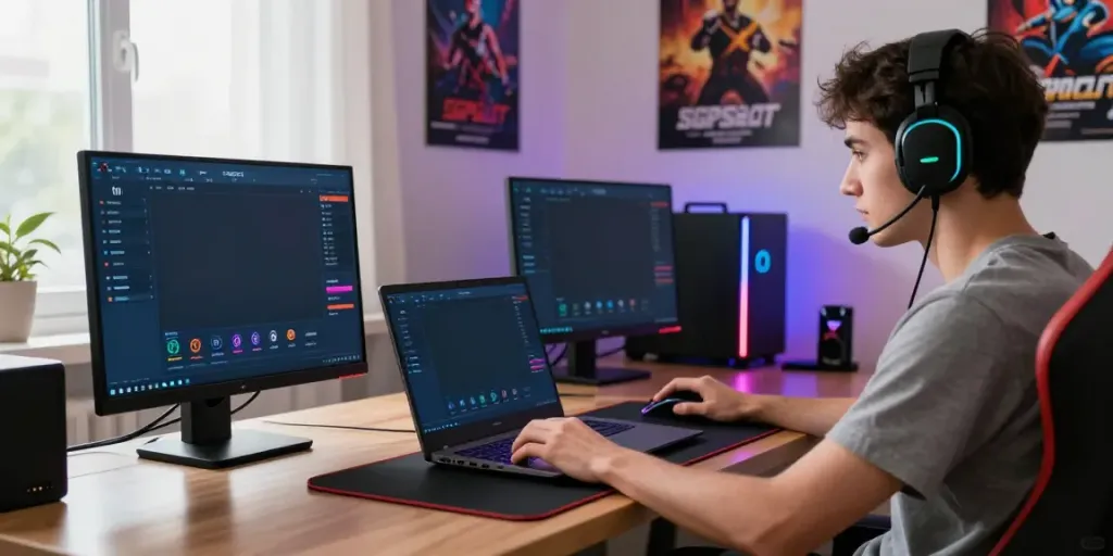Engaging with sgpslot link login on a laptop in a vibrant gaming setup.