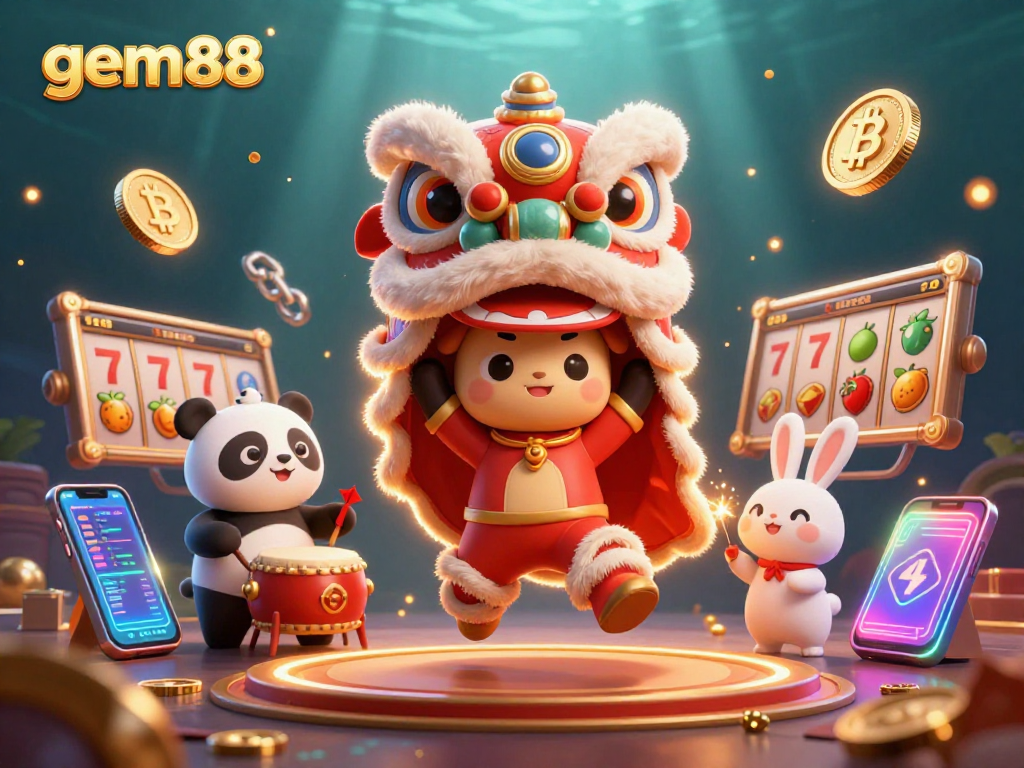 Engage with the gem88 crypto casino scene featuring festive characters and digital elements.