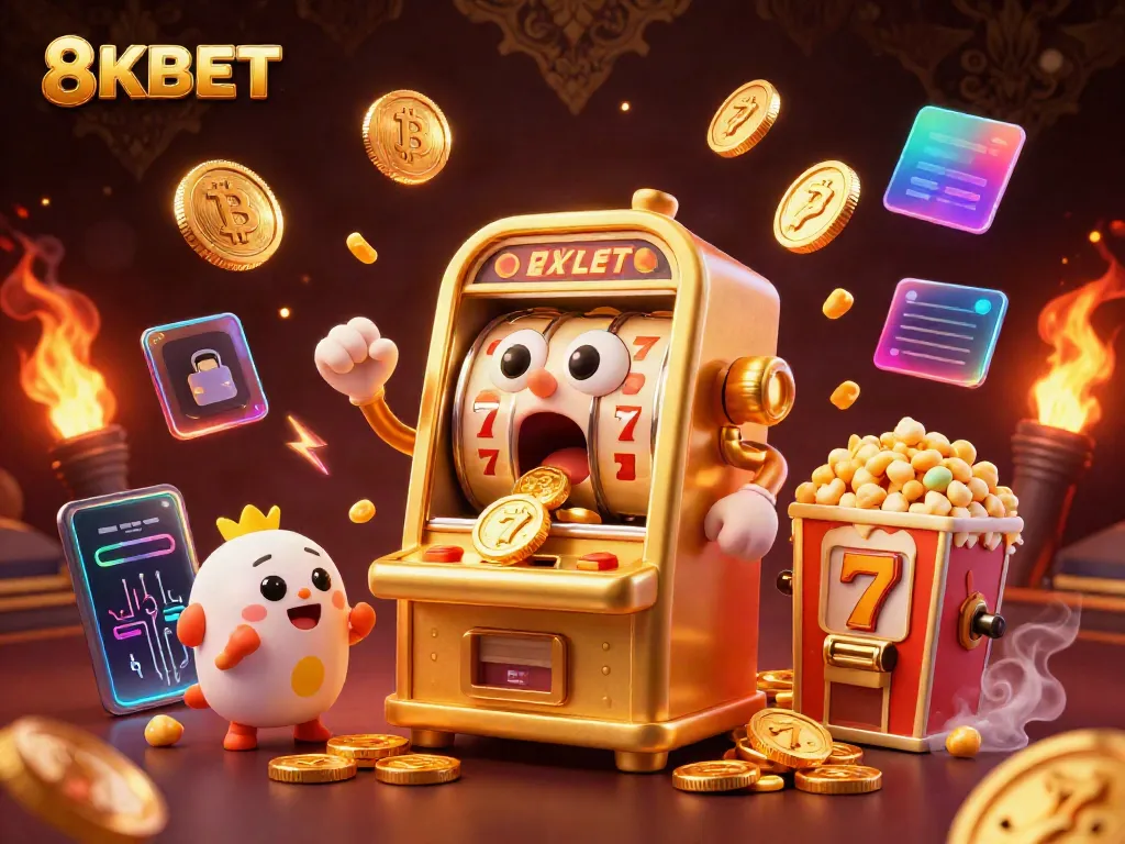 8KBET invites players to hit jackpots with vibrant 3D illustrations of cartoon slot machines celebrating wins.