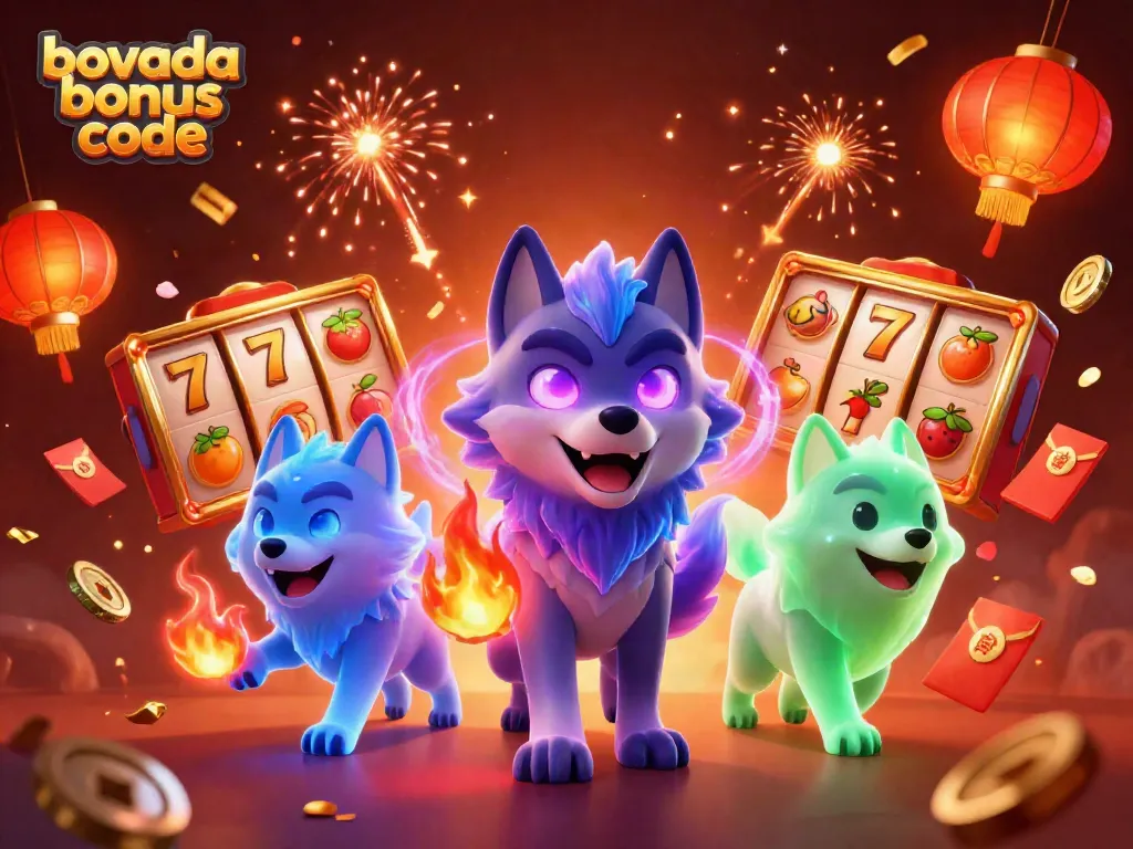 Engage with the exciting Bovada bonus code for slots, featuring vibrant wolves and festive casino elements.