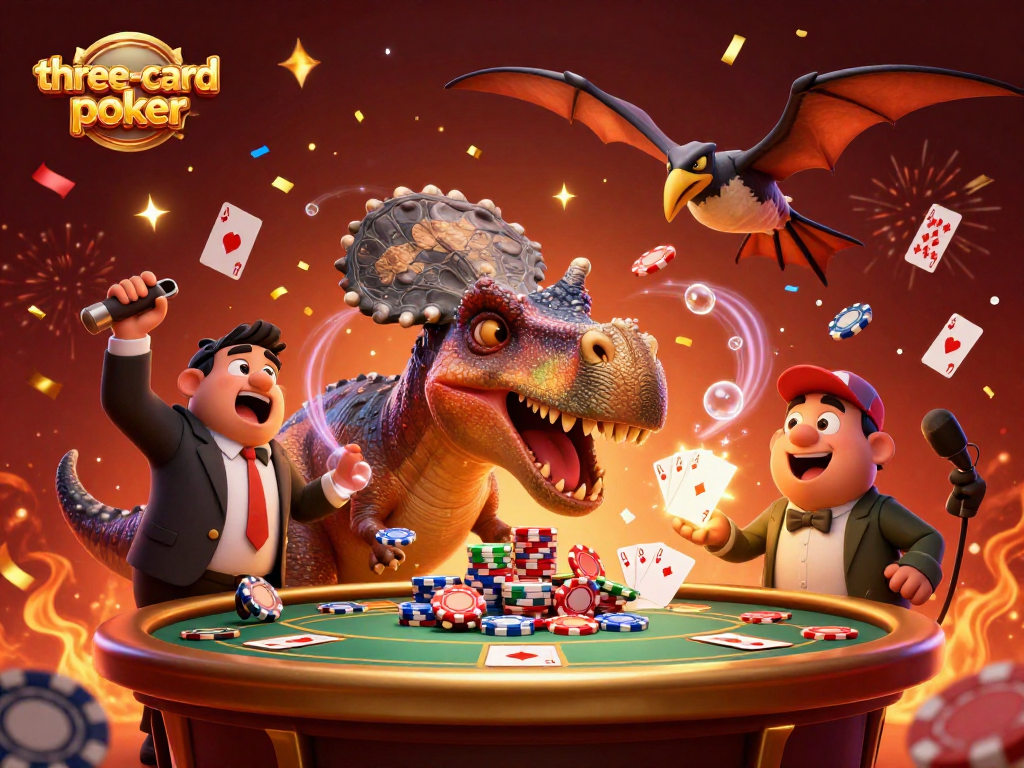 Experience three-card-poker thrills as a dinosaur wins at a poker table, catching flying chips.