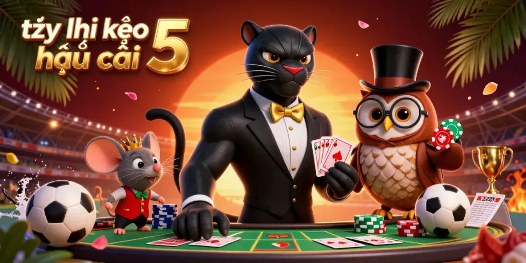 Experience tỷ lệ kèo nhà cái 5 with our lively illustration of a panther dealer, owl, and mouse engaging in sports betting.
