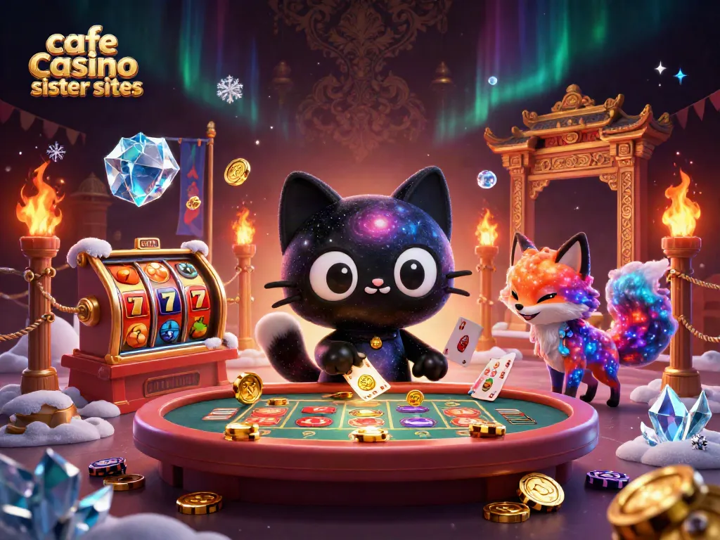 Engaging cosmic scene depicting a black hole cat and nebula fox at a cafe casino sister sites table.