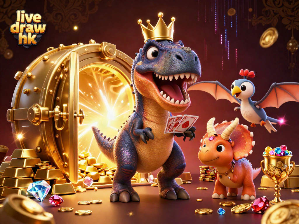 Experience the live draw hk excitement with a T-Rex handling cards and gold treasures.