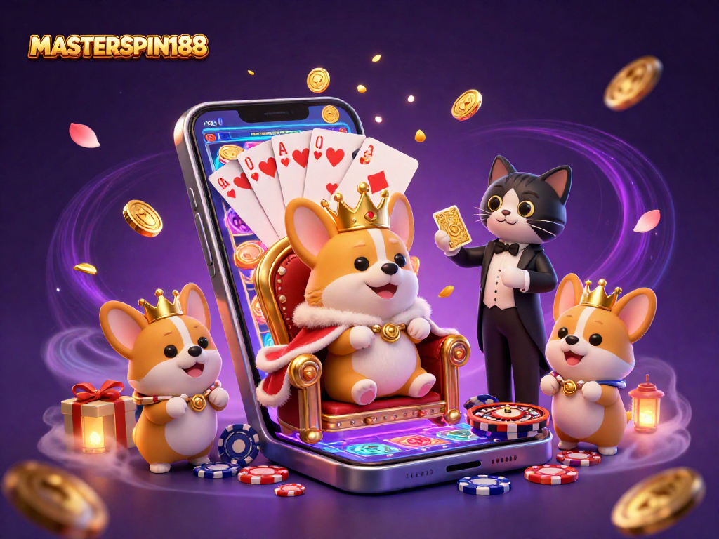 Step into excitement with MASTERSPIN188's vibrant 3D casino scene featuring a royal corgi, card games, and slot machines.
