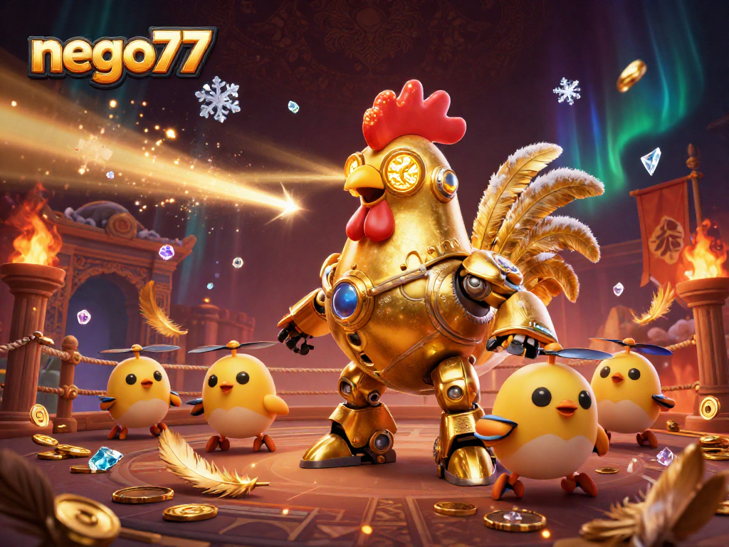 Experience thrilling gameplay at nego77 featuring a golden rooster robot and dynamic casino elements.