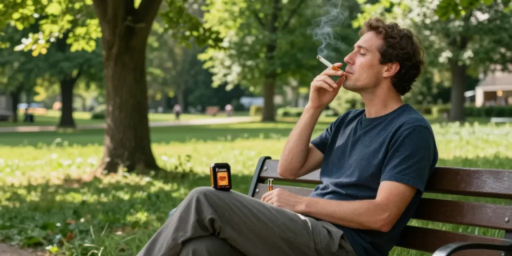 Relaxed person enjoying premium tobacco outdoors, buy cheap tobacco online australia.