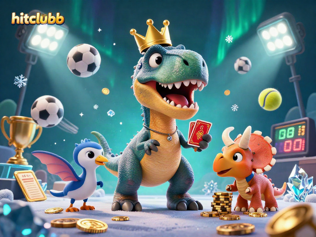 Experience the thrill of hitclubb casino with a whimsical scene of dinosaurs playing games.