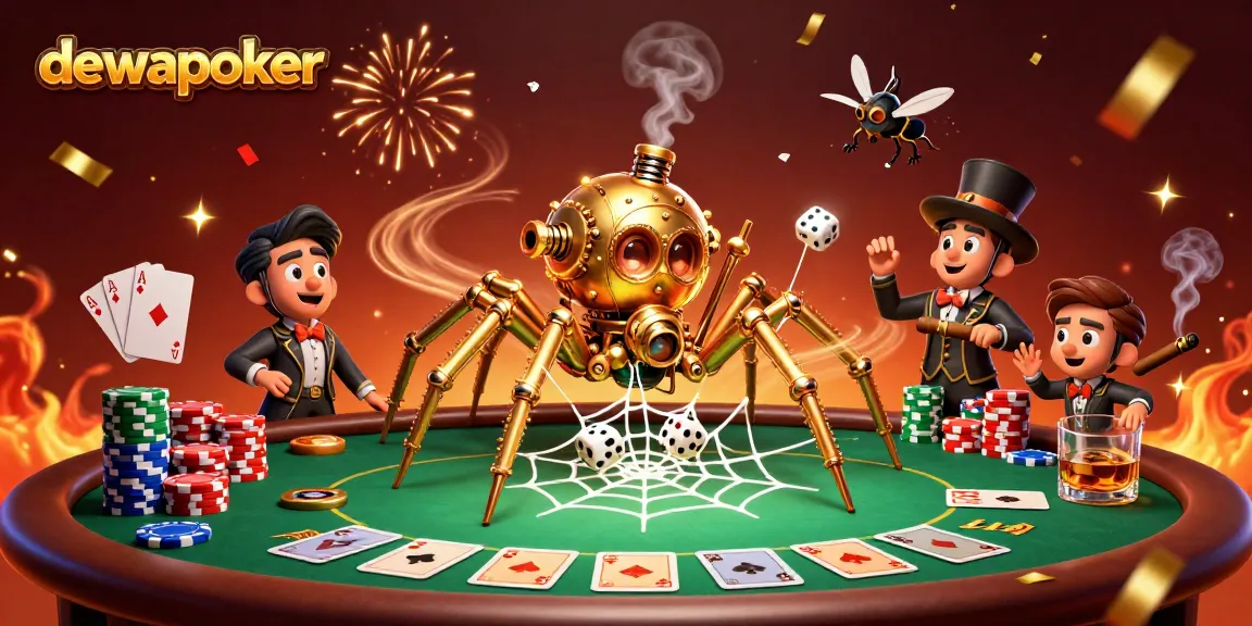 Dewapoker engages players with an energetic steampunk gambling scene filled with poker chips and dramatic card plays.