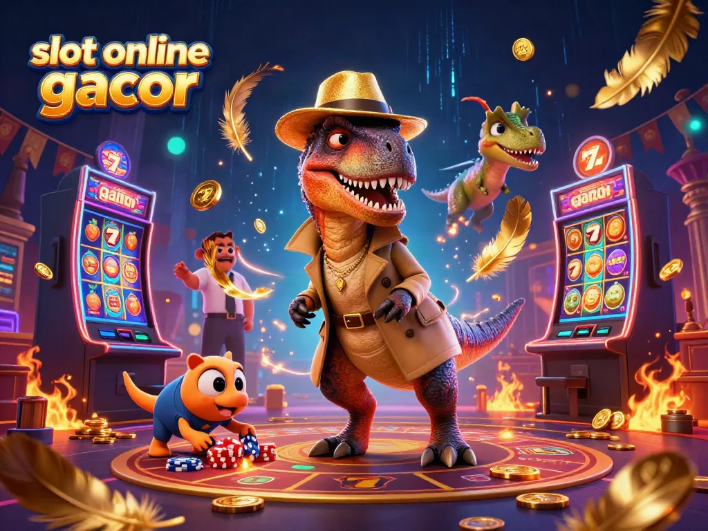 Engaging slot online gacor scene with a velociraptor card counter and a stegosaurus pit boss at a vibrant casino.