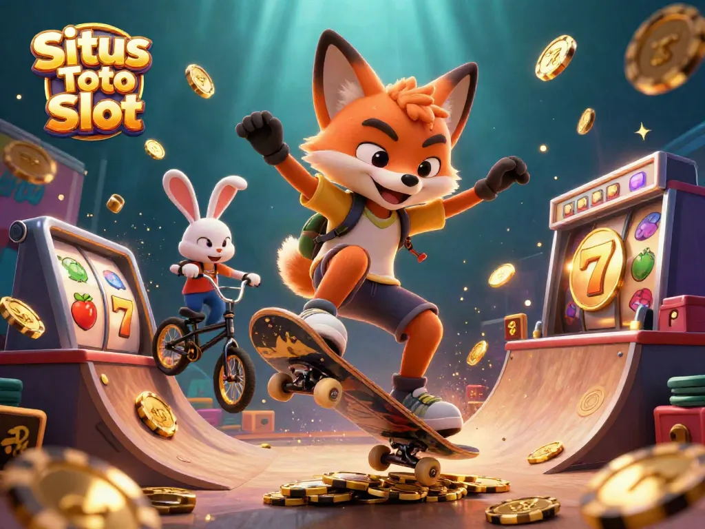 Menangkan jackpot di Situs Toto Slot dengan ilustrasi 3D kartun penuh aksi yang menunjukkan karakter kucing dan kelinci.