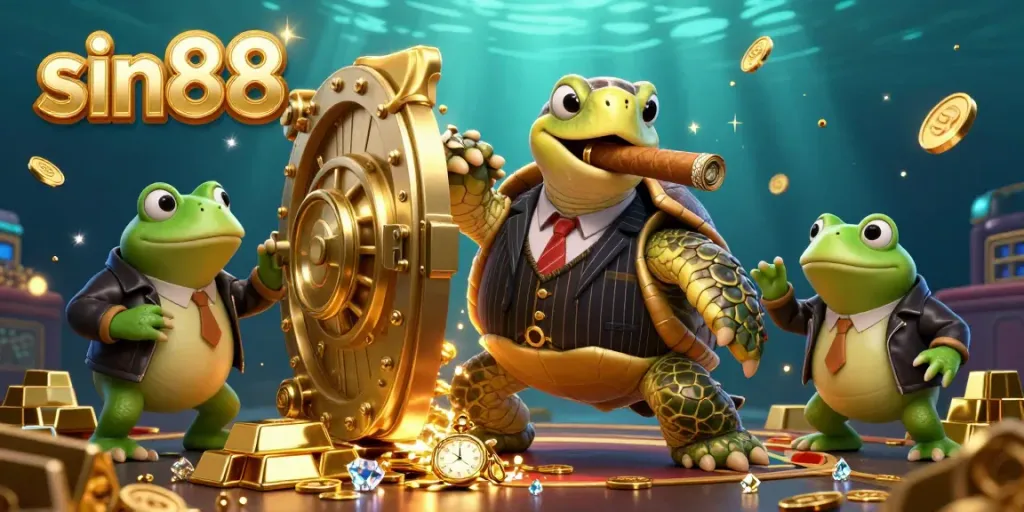 Experience sin88’s vibrant casino atmosphere with a whimsical snapping turtle and bullfrog enforcers amid treasure.